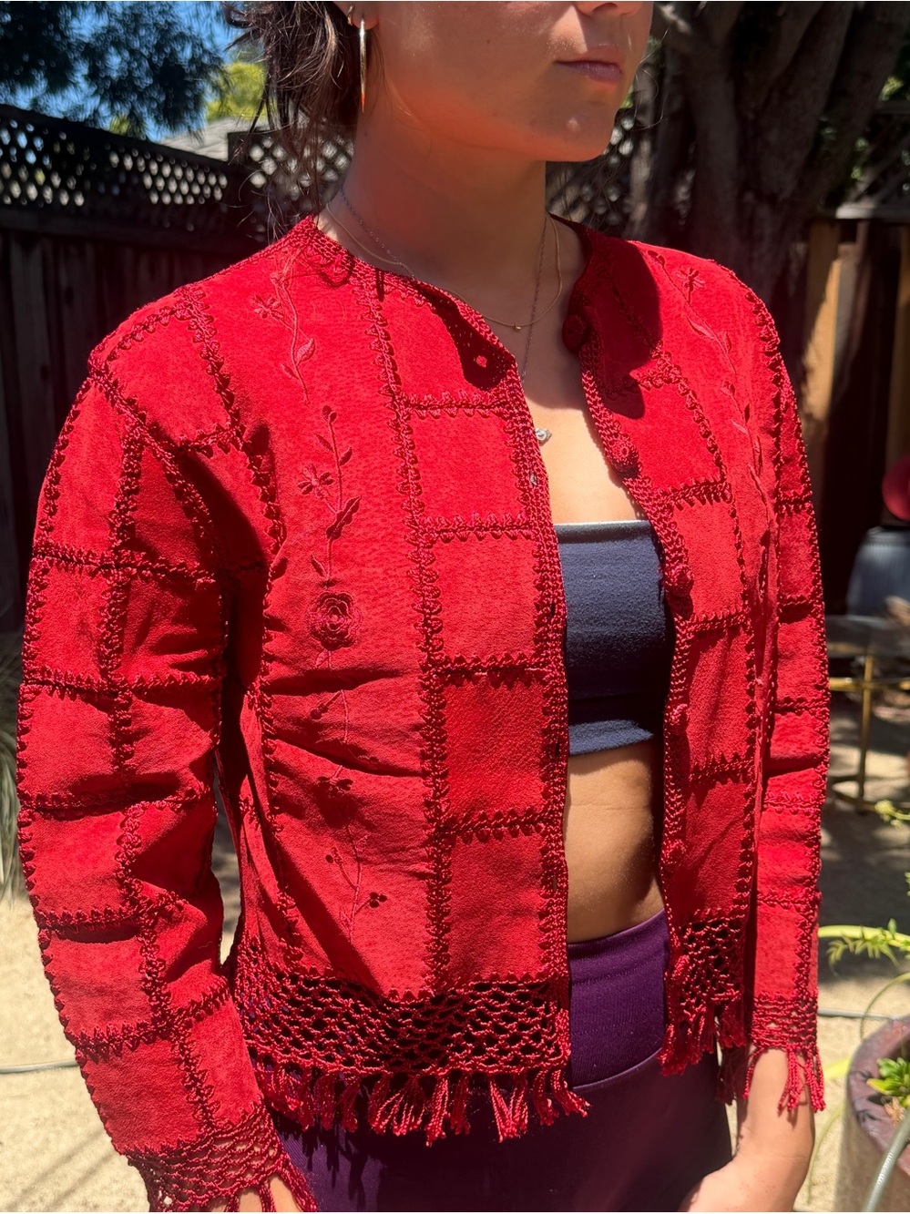 Vintage IDI by Mathew 🍒 red Suede Patchwork Jacket Crochet Fringe Boho Western